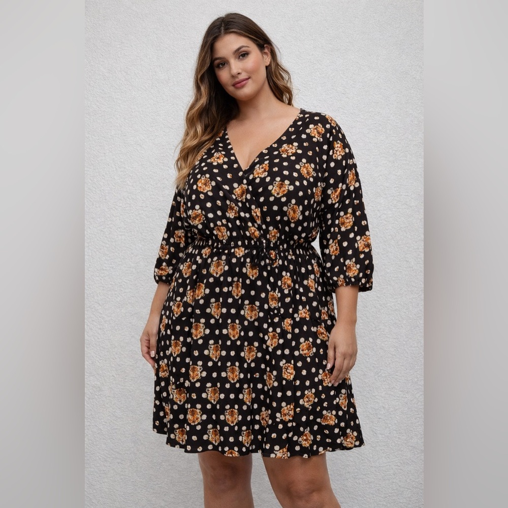 SALE Bedoar Black Silky Dress w/Polka Dots‎ & Tiger Print NWT 3/4 Sleeve 22 NWT